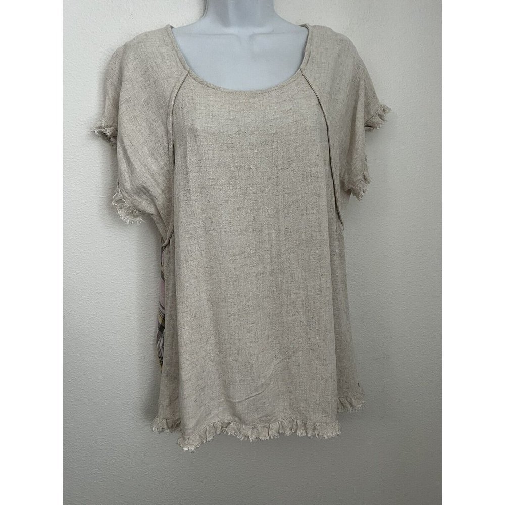 Faveur Women Beige Linen Short Sleeve Round Neck Blouse Top Size Large P…